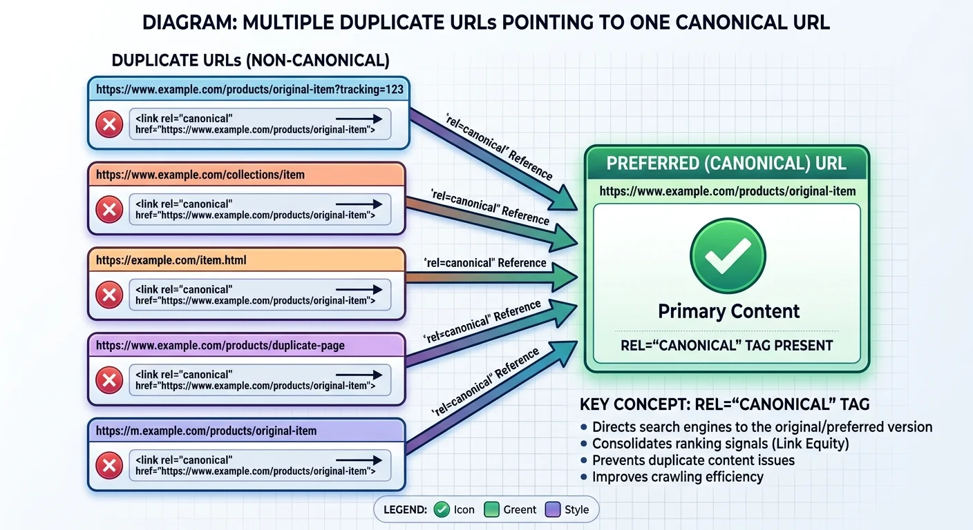 Flowchart illustrating how canonical tags consolidate duplicate URLs into a single preferred version