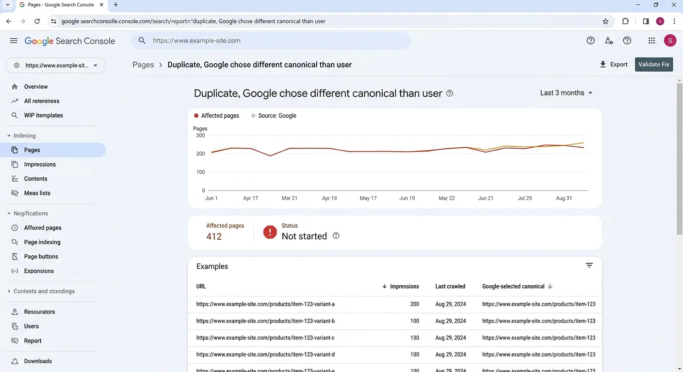 alt: Google Search Console index coverage report showing duplicate URL canonical issues